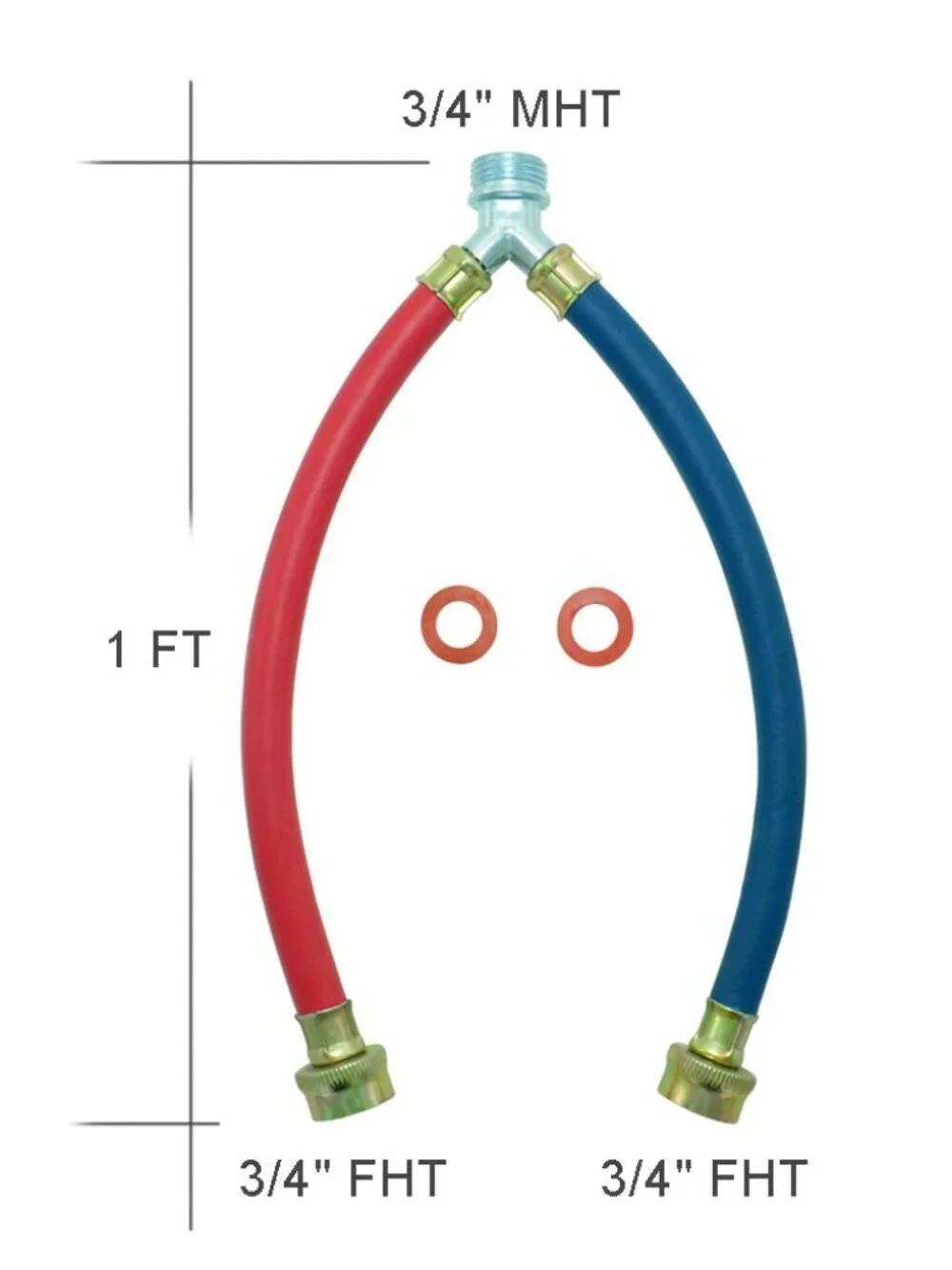 Rubber Washing Machine Y Mixer Hose Connector, Hot and Cold Color Coded, 3/4